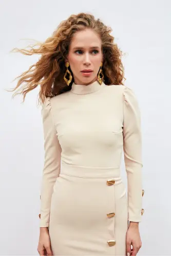 Button Detailed Crop Blouse - Beige - 3