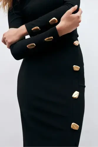 Button Detailed Crop Blouse - Black - 8