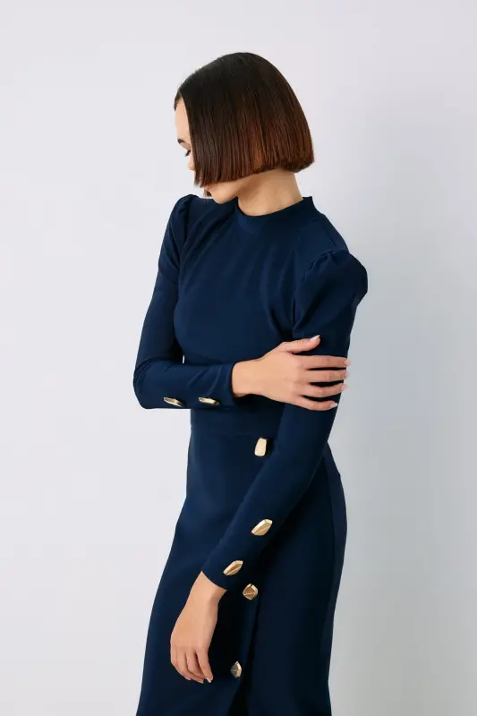 Button Detailed Crop Blouse - NAVY-NAVY - 1