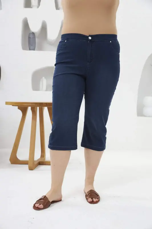 Button Detailed Elastic Waist Plus Size Blue Capri - 1
