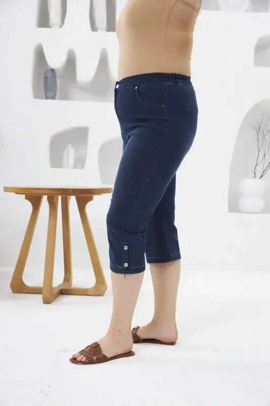 Button Detailed Elastic Waist Plus Size Blue Capri - 2