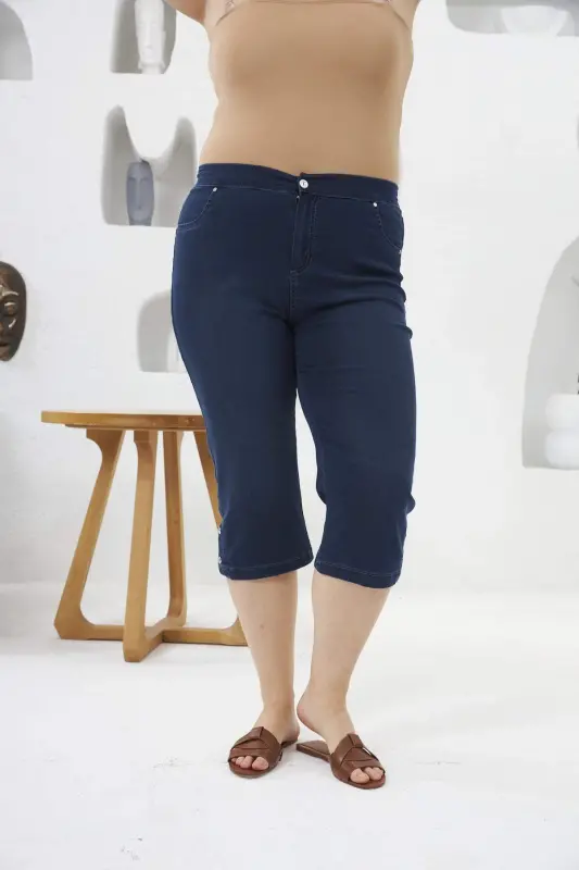 Button Detailed Elastic Waist Plus Size Blue Capri - 3