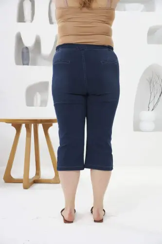 Button Detailed Elastic Waist Plus Size Blue Capri - 4