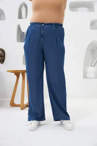Button Detailed Elastic Waist Plus Size Tencel Pants Blue - 1