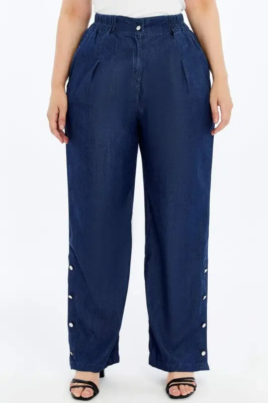 Button Detailed Elastic Waist Plus Size Tencel Pants Navy Blue - 1