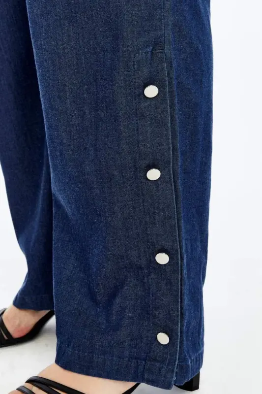 Button Detailed Elastic Waist Plus Size Tencel Pants Navy Blue - 2