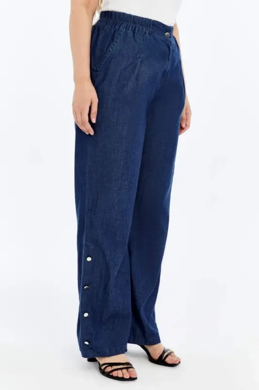 Button Detailed Elastic Waist Plus Size Tencel Pants Navy Blue - 3