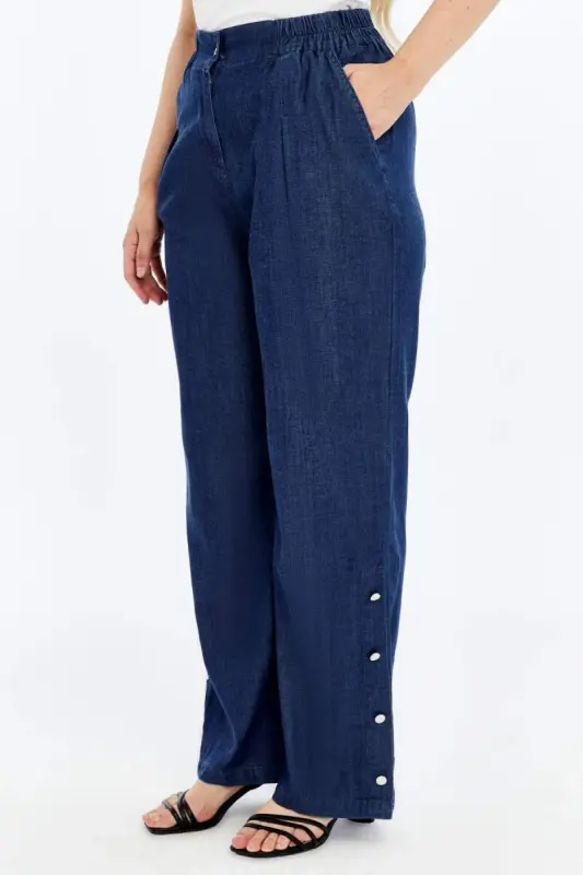 Button Detailed Elastic Waist Plus Size Tencel Pants Navy Blue - 4