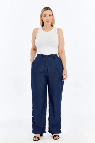 Button Detailed Elastic Waist Plus Size Tencel Pants Navy Blue - 5