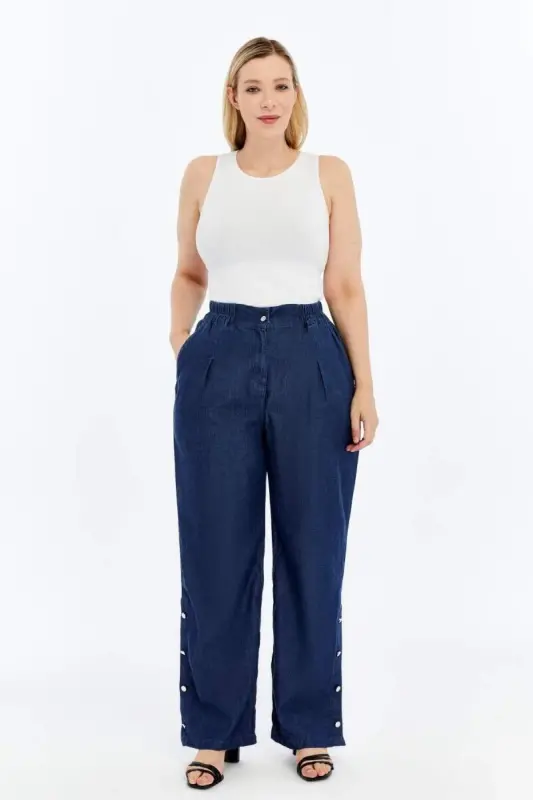 Button Detailed Elastic Waist Plus Size Tencel Pants Navy Blue - 5