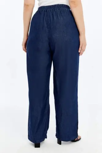 Button Detailed Elastic Waist Plus Size Tencel Pants Navy Blue - 6