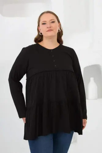 Button Detailed Frilled Plus Size Tunic Black - 1