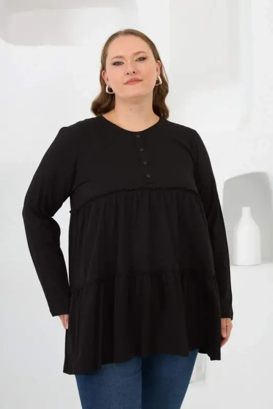 Button Detailed Frilled Plus Size Tunic Black - 1