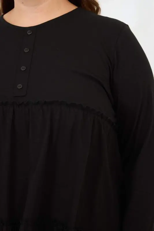 Button Detailed Frilled Plus Size Tunic Black - 2