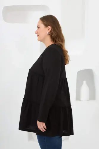 Button Detailed Frilled Plus Size Tunic Black - 3