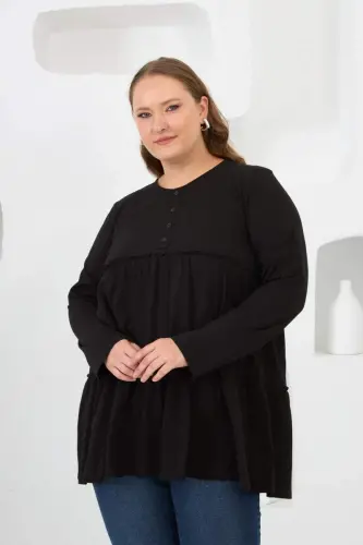 Button Detailed Frilled Plus Size Tunic Black - 4