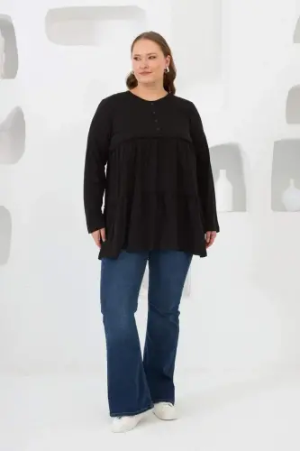 Button Detailed Frilled Plus Size Tunic Black - 5