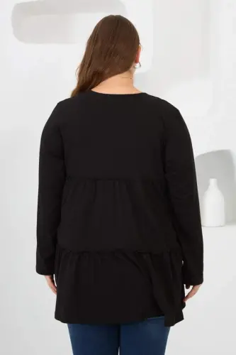 Button Detailed Frilled Plus Size Tunic Black - 6