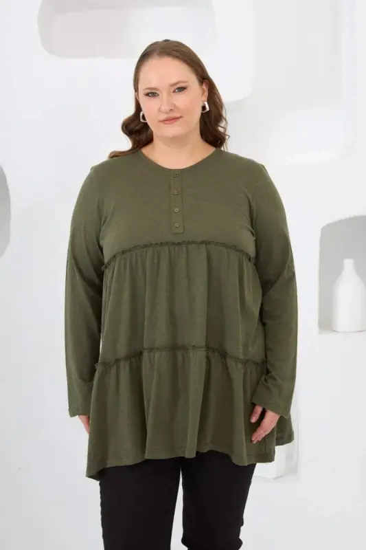 Button Detailed Frilled Plus Size Tunic Khaki - 1