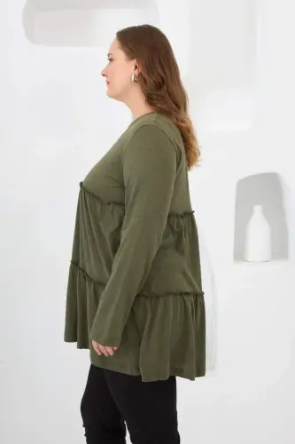 Button Detailed Frilled Plus Size Tunic Khaki - 3