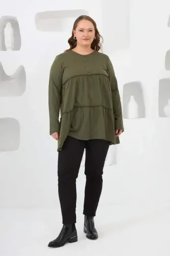 Button Detailed Frilled Plus Size Tunic Khaki - 4