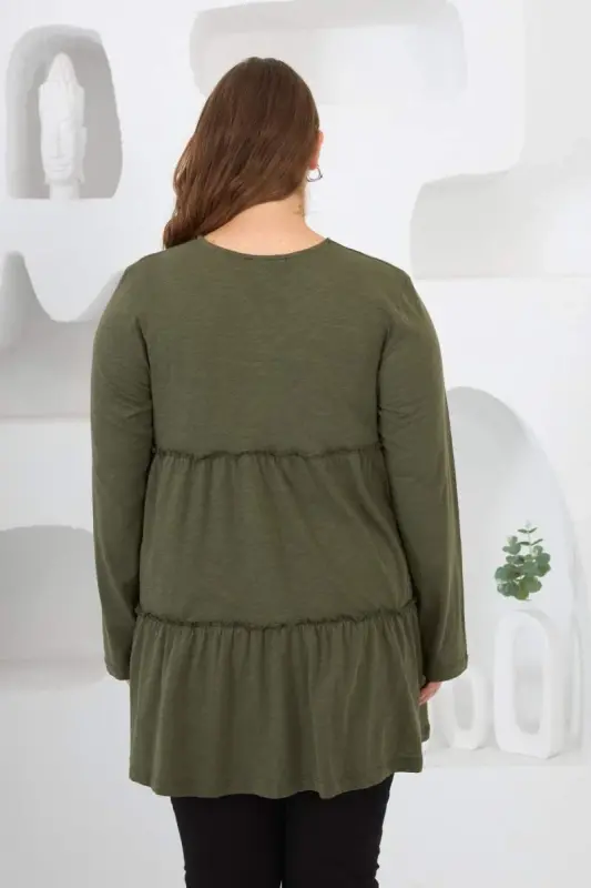 Button Detailed Frilled Plus Size Tunic Khaki - 5
