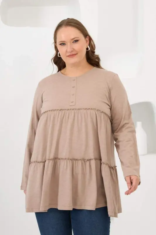 Button Detailed Frilled Plus Size Tunic Mink - BÜYÜKBEDENIZ