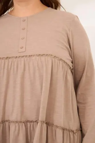 Button Detailed Frilled Plus Size Tunic Mink - BÜYÜKBEDENIZ (1)