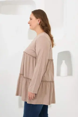 Button Detailed Frilled Plus Size Tunic Mink - 3