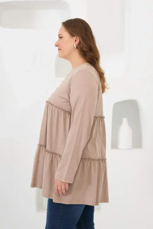 Button Detailed Frilled Plus Size Tunic Mink - 3