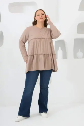 Button Detailed Frilled Plus Size Tunic Mink - 4