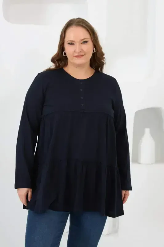 Button Detailed Frilled Plus Size Tunic Navy Blue - 1