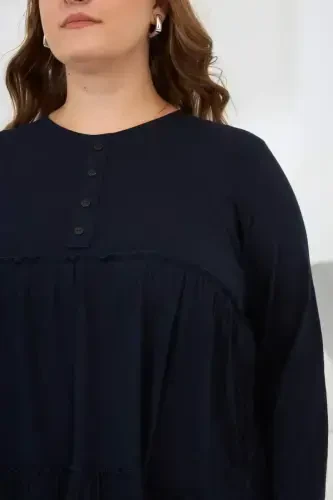 Button Detailed Frilled Plus Size Tunic Navy Blue - 2