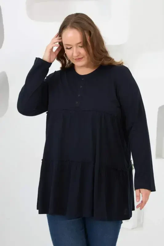 Button Detailed Frilled Plus Size Tunic Navy Blue - 3
