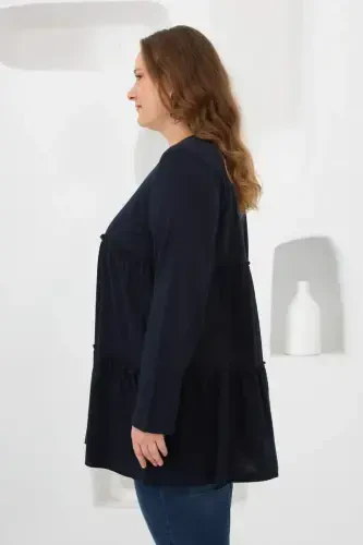 Button Detailed Frilled Plus Size Tunic Navy Blue - 4