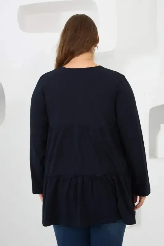 Button Detailed Frilled Plus Size Tunic Navy Blue - 5