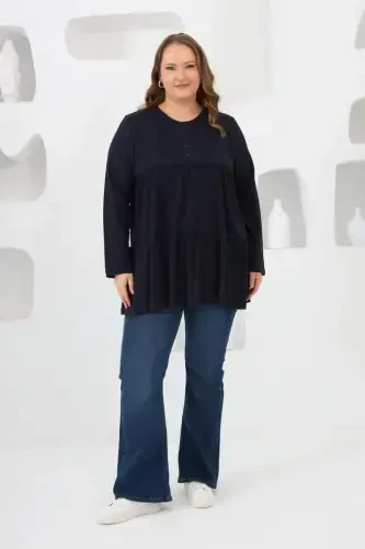 Button Detailed Frilled Plus Size Tunic Navy Blue - 6