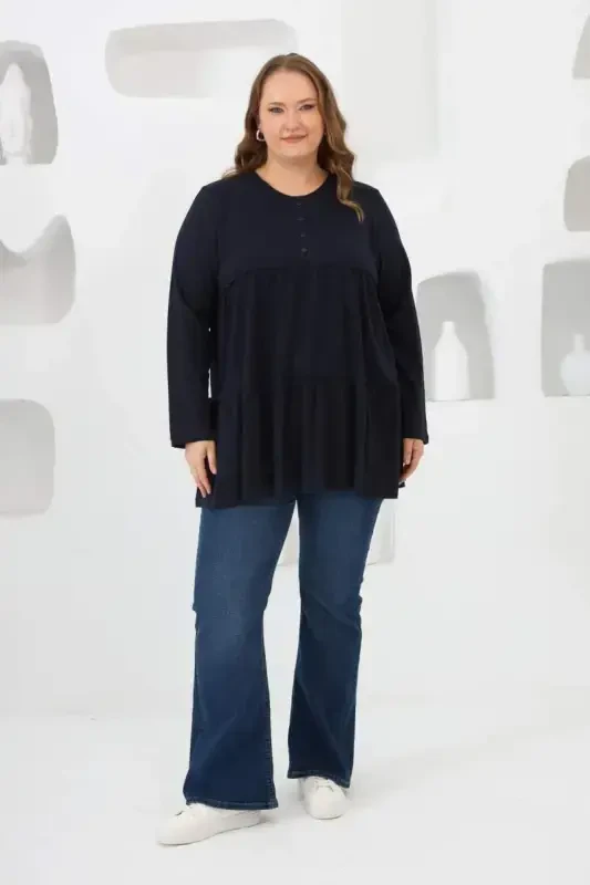 Button Detailed Frilled Plus Size Tunic Navy Blue - 6