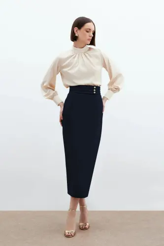 Button Detailed Midi Skirt - Navy-Navy 
