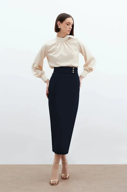 Button Detailed Midi Skirt - Navy-Navy - SATEEN
