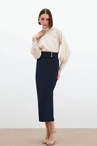 Button Detailed Midi Skirt - Navy-Navy - SATEEN (1)