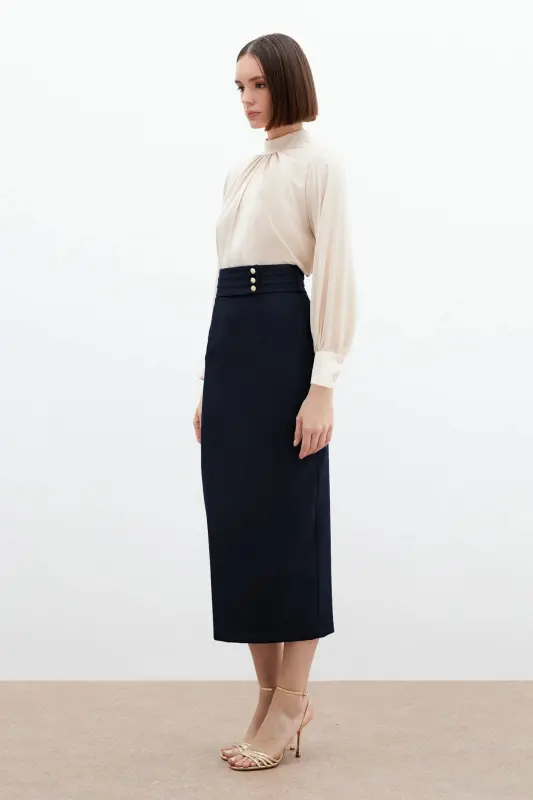 Button Detailed Midi Skirt - Navy-Navy - 3