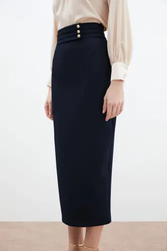 Button Detailed Midi Skirt - Navy-Navy - 4