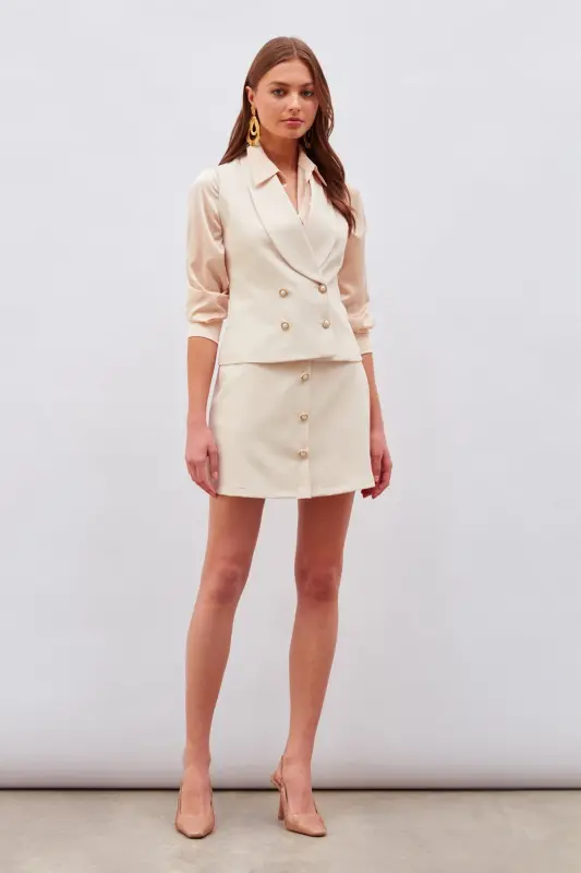 Button Detailed Mini Skirt Beige-BEIGE - 2