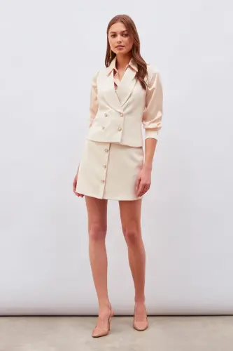 Button Detailed Mini Skirt Beige-BEIGE - 3