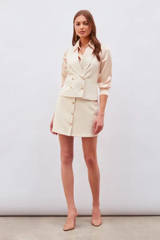 Button Detailed Mini Skirt Beige-BEIGE - 3