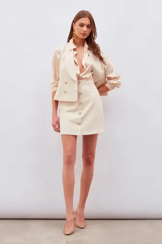 Button Detailed Mini Skirt Beige-BEIGE - 4