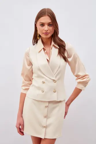 Button Detailed Mini Skirt Beige-BEIGE - 5