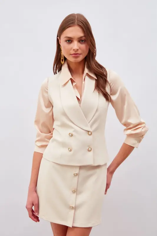 Button Detailed Mini Skirt Beige-BEIGE - 5