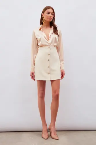Button Detailed Mini Skirt Beige-BEIGE - 6